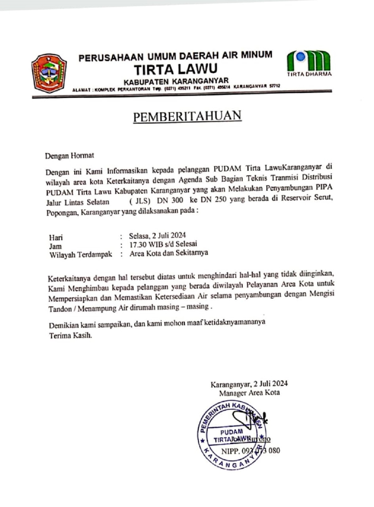 PEMBERITAHUAN UNTUK PELANGGAN AREA KOTA DAN SEKITARNYA