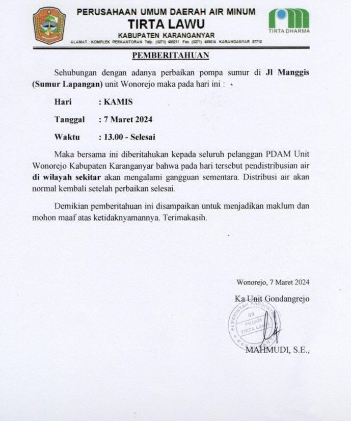 PEMBERITAHUAN WILAYAH PELAYANAN GONDANGREJO DAN SEKITARNYA