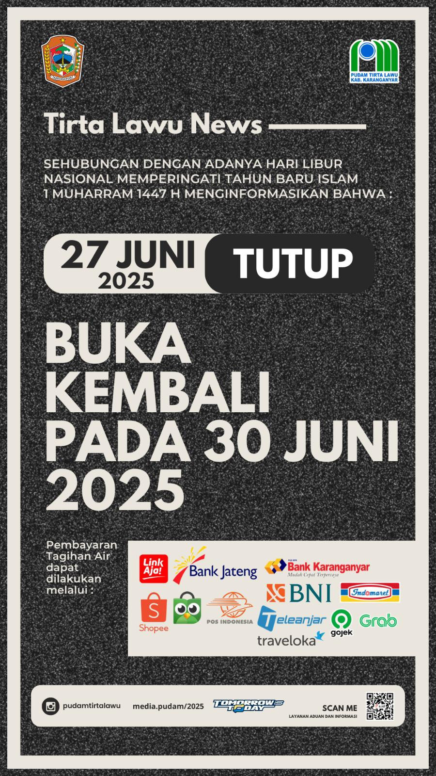 PEMBERITAHUAN LIBUR LAYANAN PUDAM TIRTA LAWU