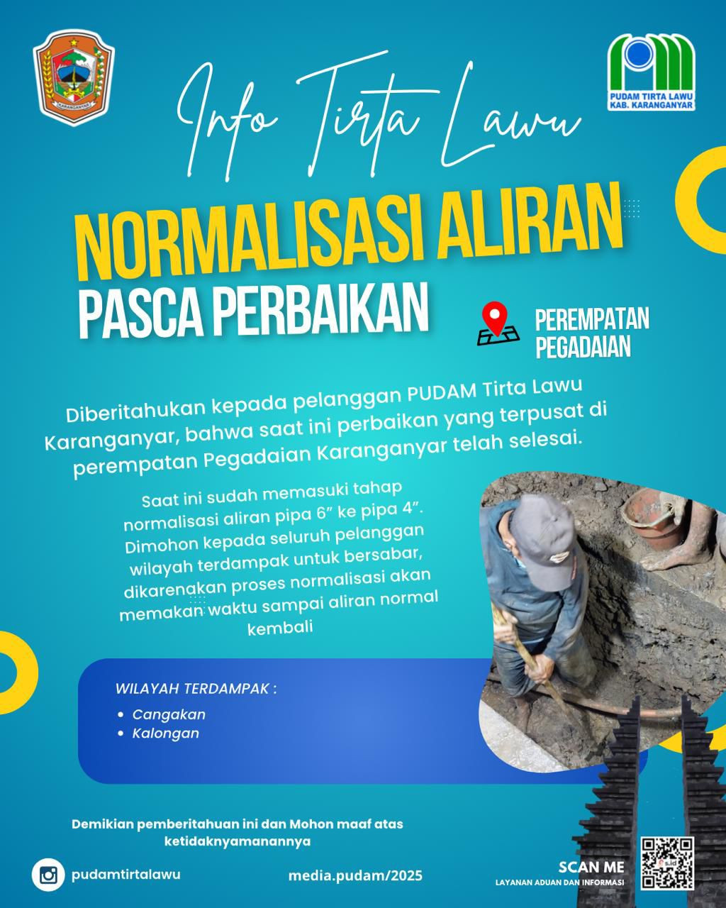 NORMALISASI ALIRAN AIR PUDAM TIRTA LAWU PASCA PERBAIKAN PIPA DI PEREMPATAN PEGADAIAN