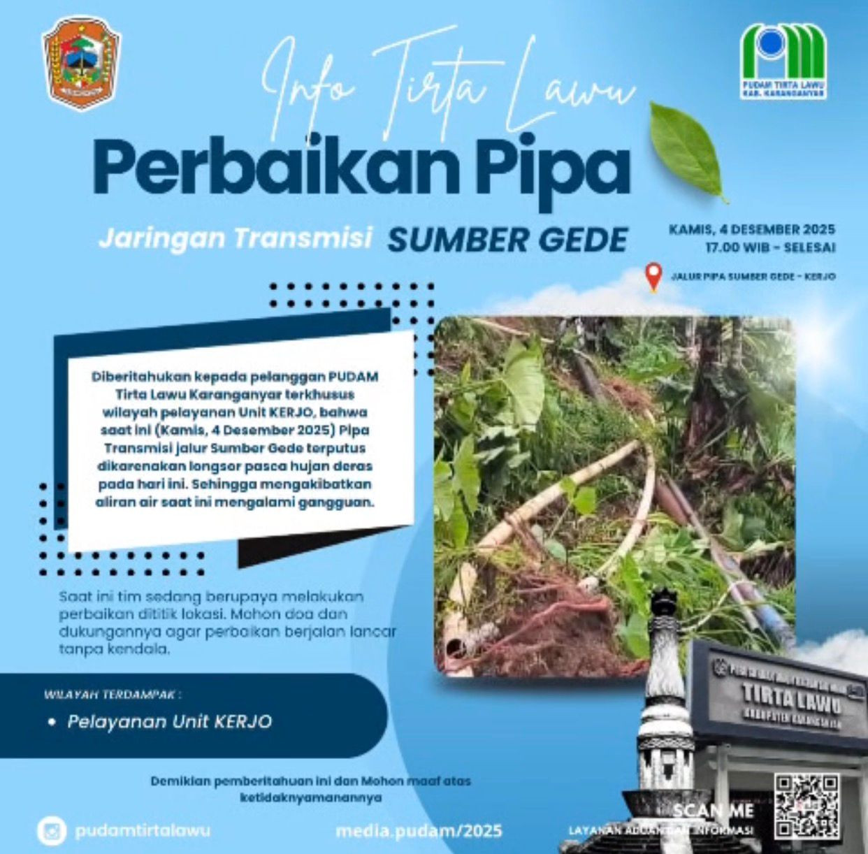 PERBAIKAN PIPA TRANSMISI SUMBER GEDE AKIBAT LONGSOR DI WILAYAH KERJO