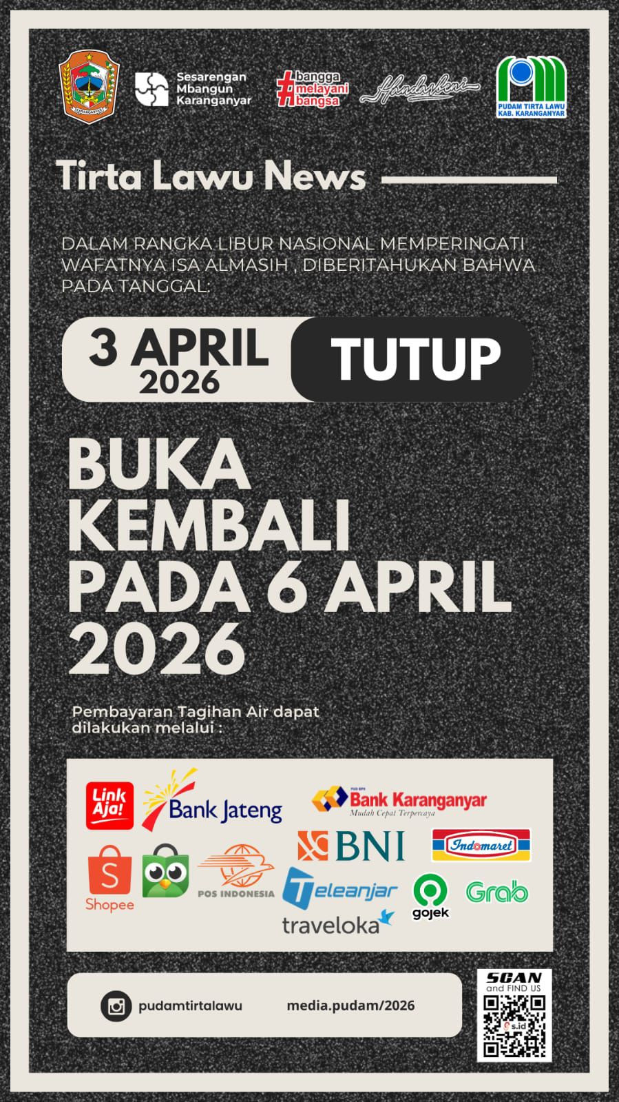 PENGUMUMAN LIBUR NASIONAL, PELAYANAN PUDAM TIRTA LAWU TUTUP SEMENTARA PADA 3 APRIL 2026
