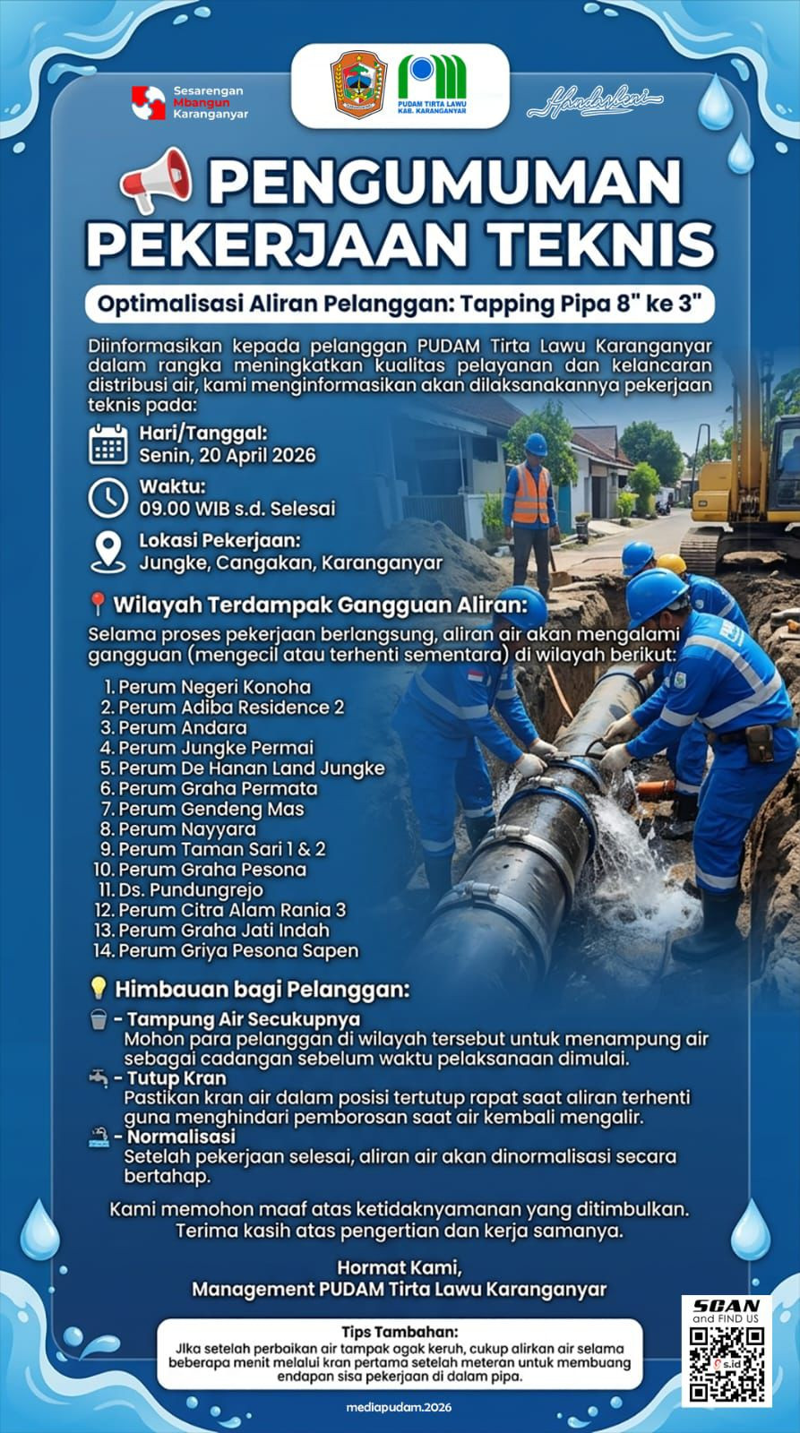 PUDAM TIRTA LAWU LAKUKAN PEKERJAAN TEKNIS UNTUK OPTIMALISASI ALIRAN DI WILAYAH JUNGKE