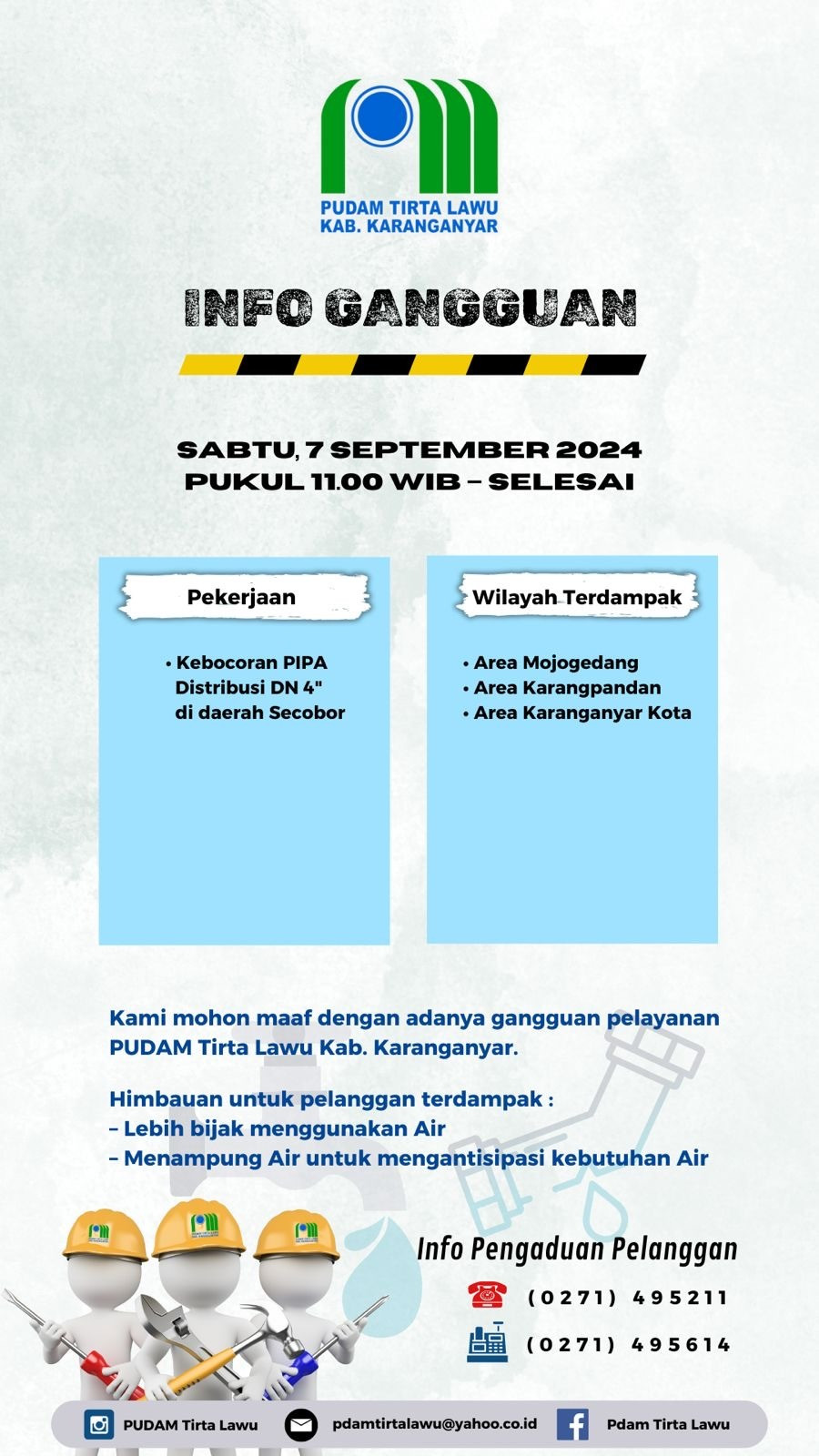 PEMBERITAHUAN WILAYAH PELAYANAN KARANGANYAR KOTA, KARANGPANDAN, MOJOGEDANG DAN SEKITARNYA