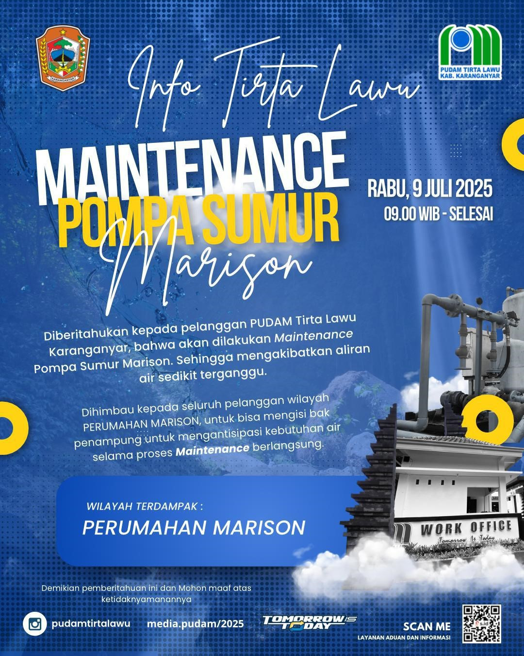 PEMELIHARAAN POMPA SUMUR MARISON, LAYANAN AIR TERGANGGU SEMENTARA