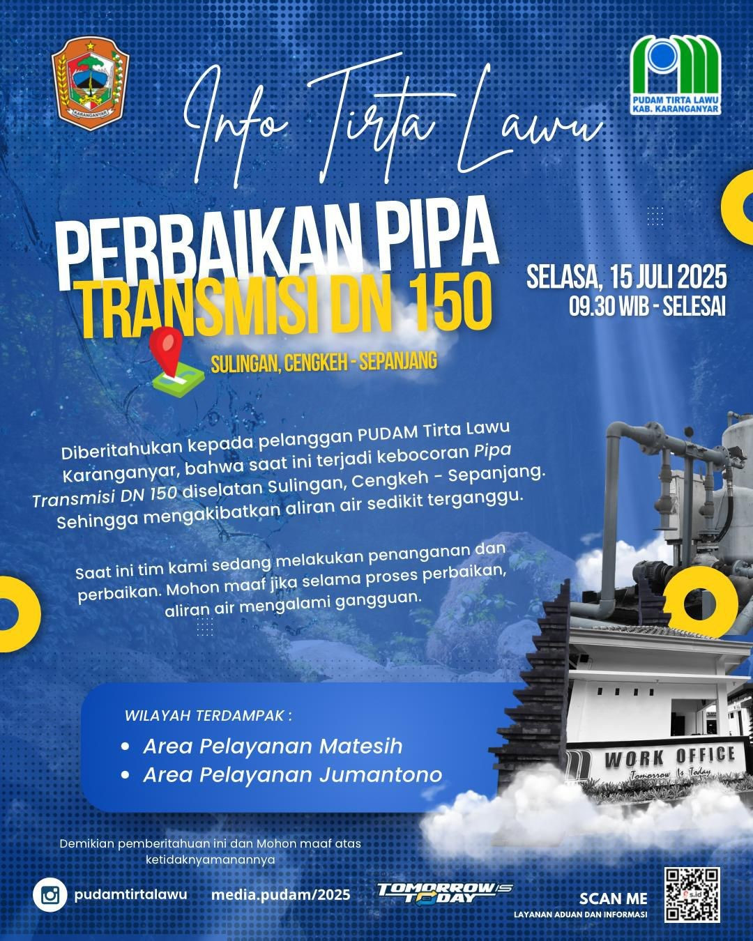PERBAIKAN PIPA TRANSMISI DN 150 GANGGU ALIRAN AIR DI WILAYAH MATESIH DAN JUMANTONO