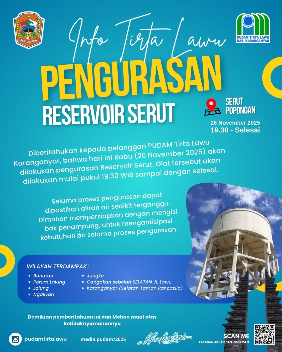 PENGURASAN RESERVOIR SERUT DILAKSANAKAN PUDAM TIRTA LAWU MALAM INI