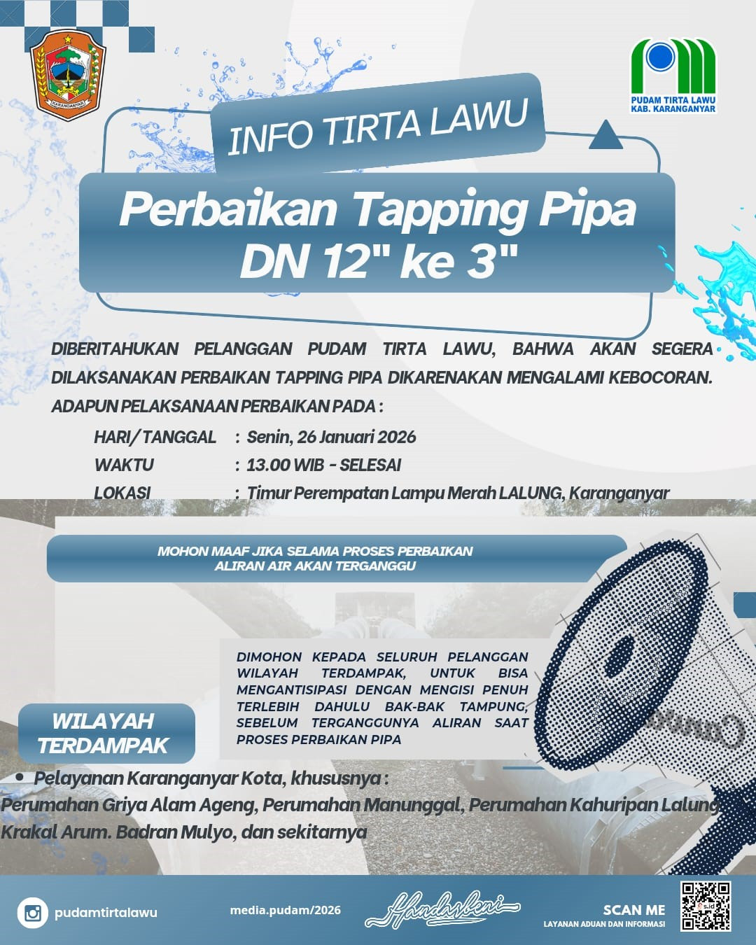 PERBAIKAN TAPPING PIPA DN 12 INCI KE 3 INCI DI KAWASAN LALU LINTAS KARANGANYAR
