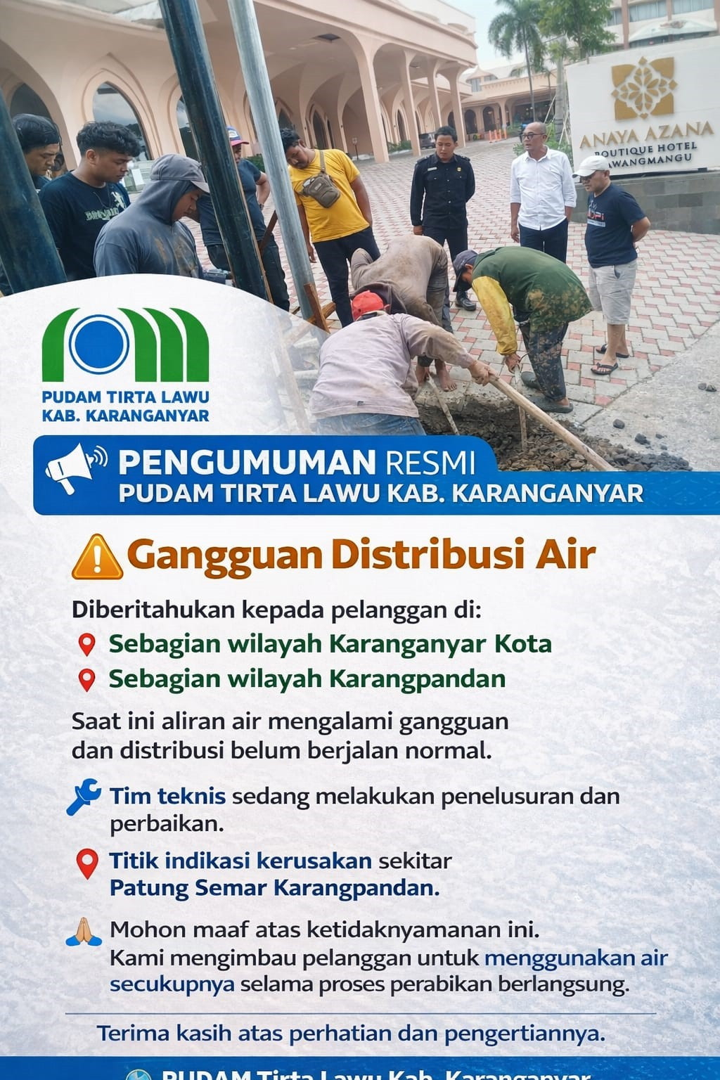 DISTRIBUSI AIR TERGANGGU, PUDAM TIRTA LAWU LAKUKAN PERBAIKAN DI WILAYAH KARANGANYAR DAN KARANGPANDAN