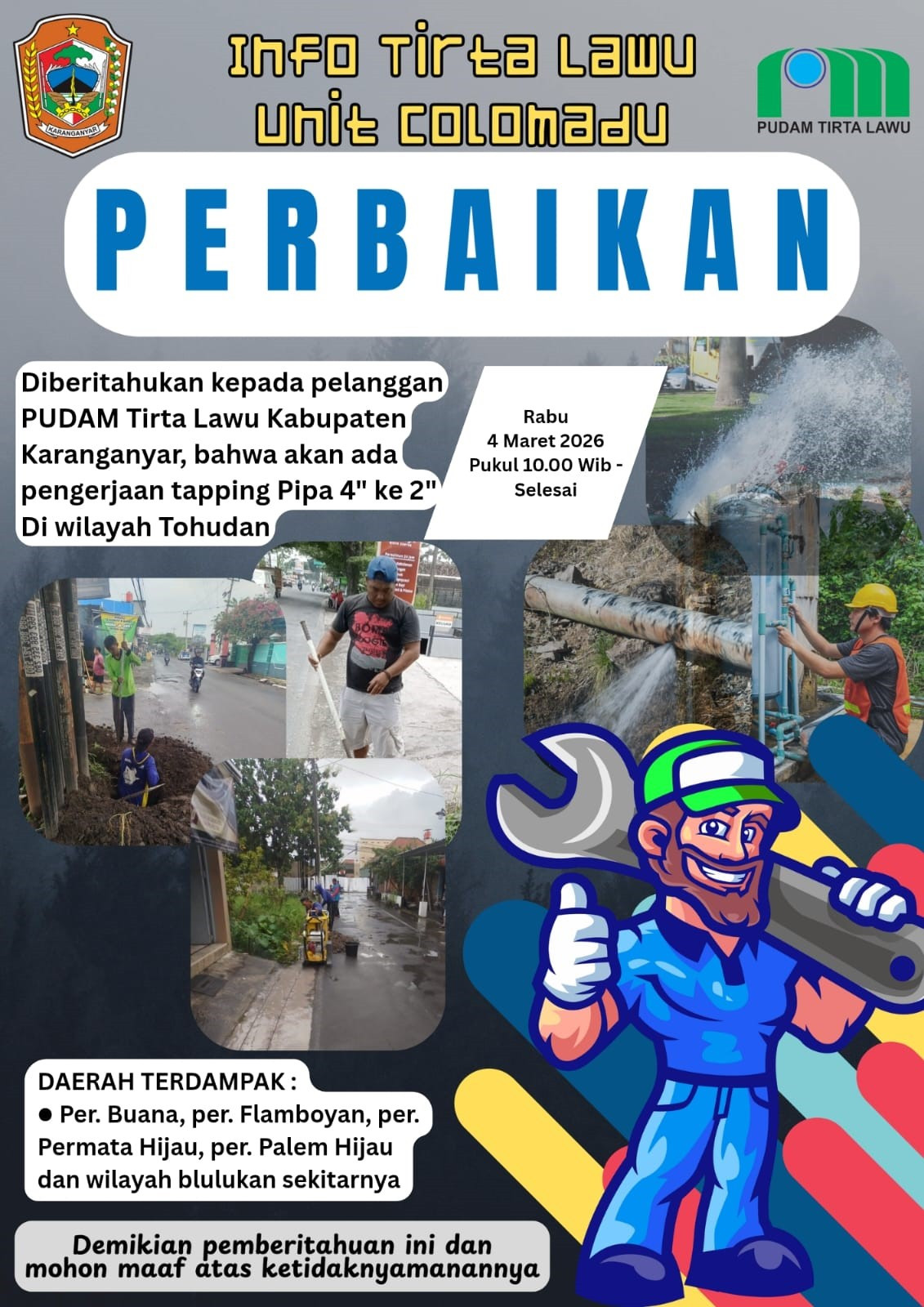 PERBAIKAN JARINGAN PIPA 4 INCI, PUDAM TIRTA LAWU UNIT COLOMADU LAKUKAN PEKERJAAN TAPPING DI WILAYAH 