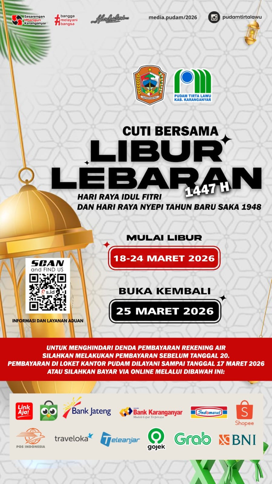 PUDAM TIRTA LAWU KARANGANYAR UMUMKAN JADWAL CUTI BERSAMA LIBUR LEBARAN 2026