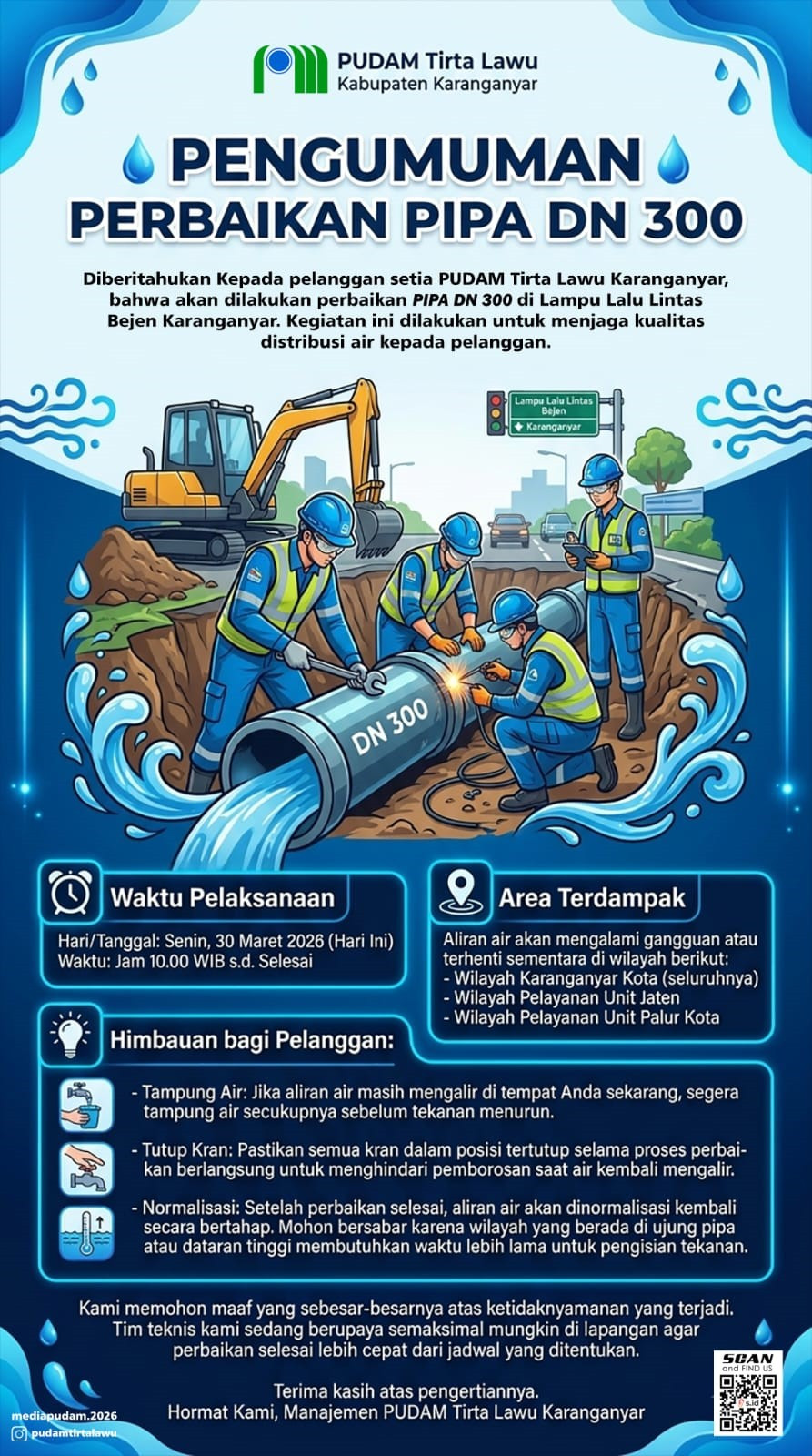PENGUMUMAN PERBAIKAN PIPA DN 300 PUDAM TIRTA LAWU KARANGANYAR DI BEJEN