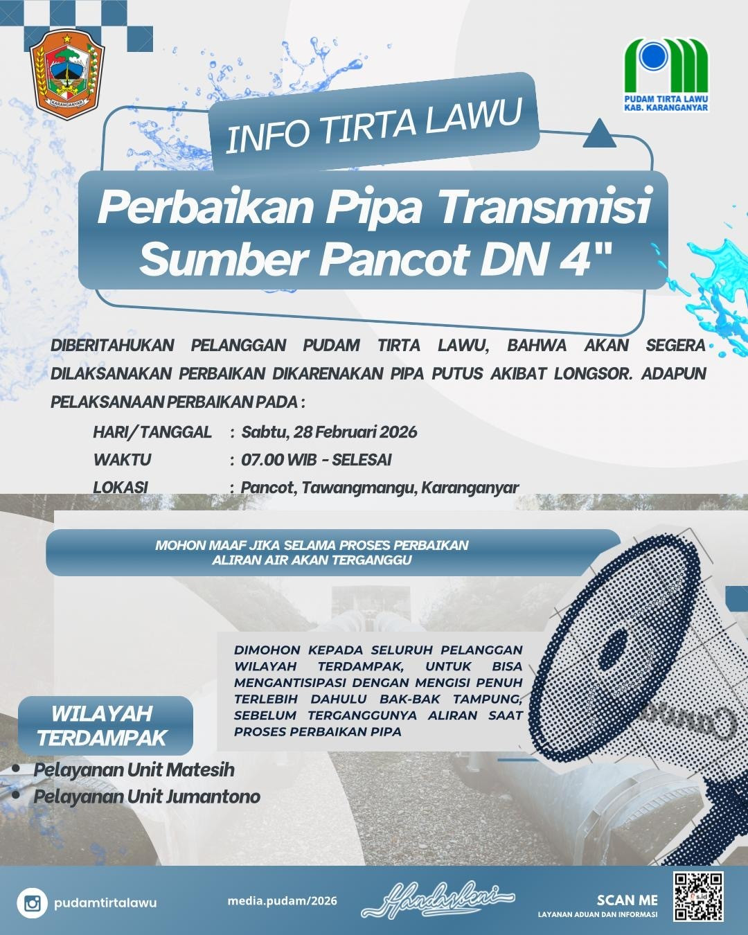 PIPA TRANSMISI SUMBER PANCOT DN 4 INCI PUTUS AKIBAT LONGSOR, PUDAM TIRTA LAWU LAKUKAN PERBAIKAN