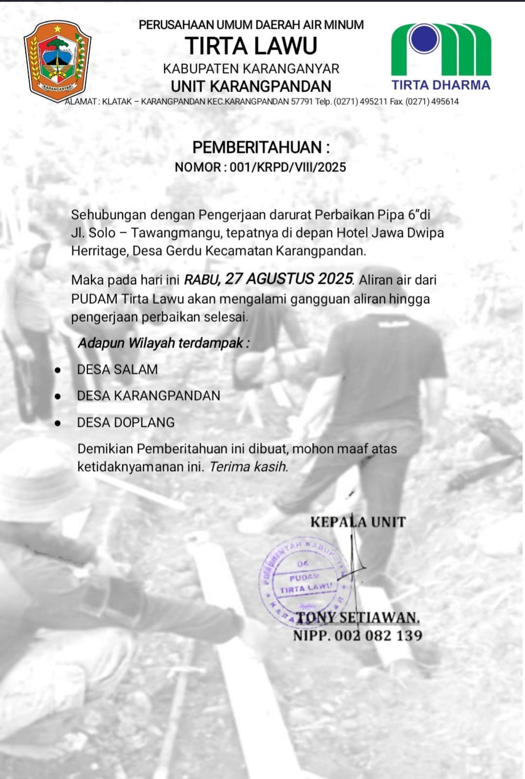 PERBAIKAN PIPA DI DEPAN HOTEL JAWA DWIPA HERITAGE GANGGU DISTRIBUSI AIR DI KARANGPANDAN