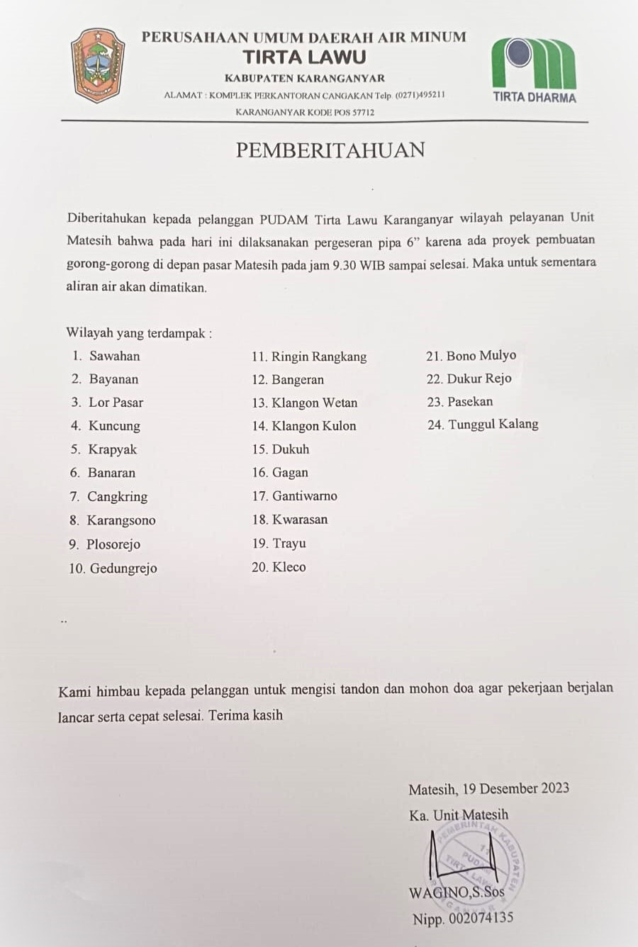 PEMBERITAHUAN WILAYAH PELAYANAN MATESIH DAN SEKITARNYA