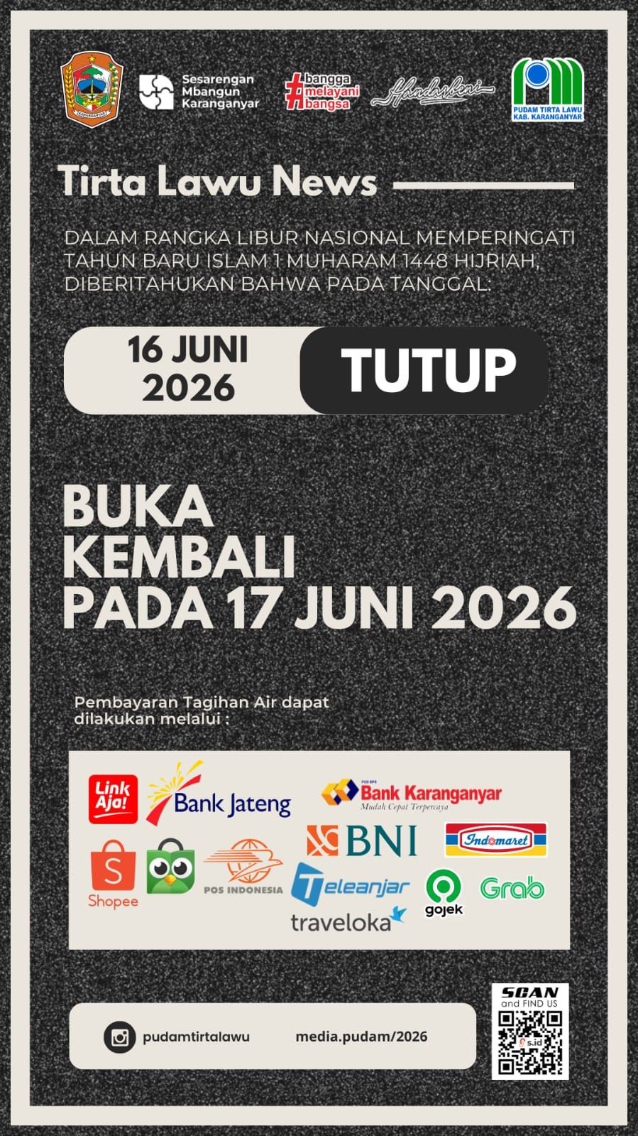 LIBUR NASIONAL TAHUN BARU ISLAM 1448 H, KANTOR PUDAM TIRTA LAWU TUTUP