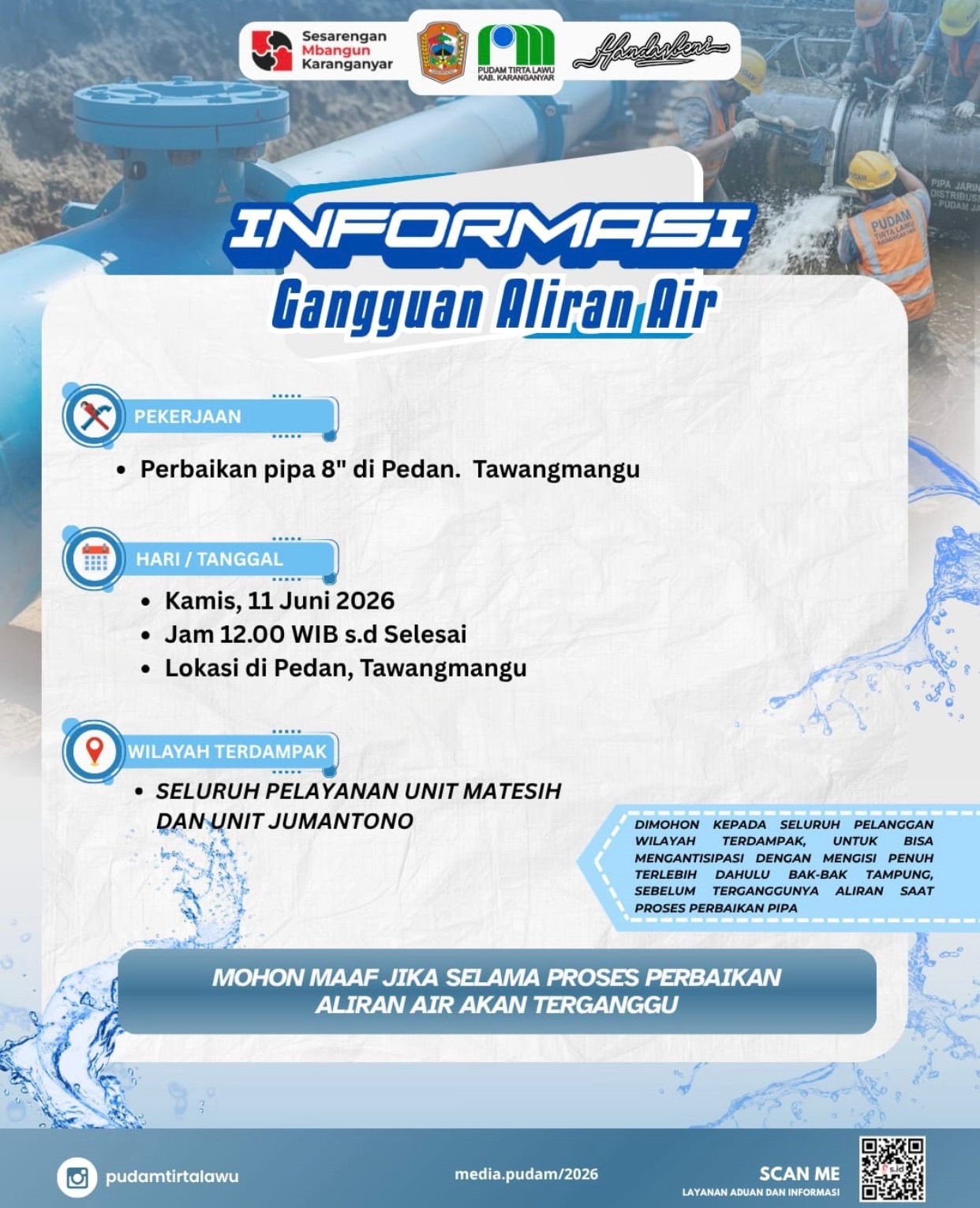 PEMBERITAHUAN GANGGUAN DISTRIBUSI AIR WILAYAH MATESIH & JUMANTONO